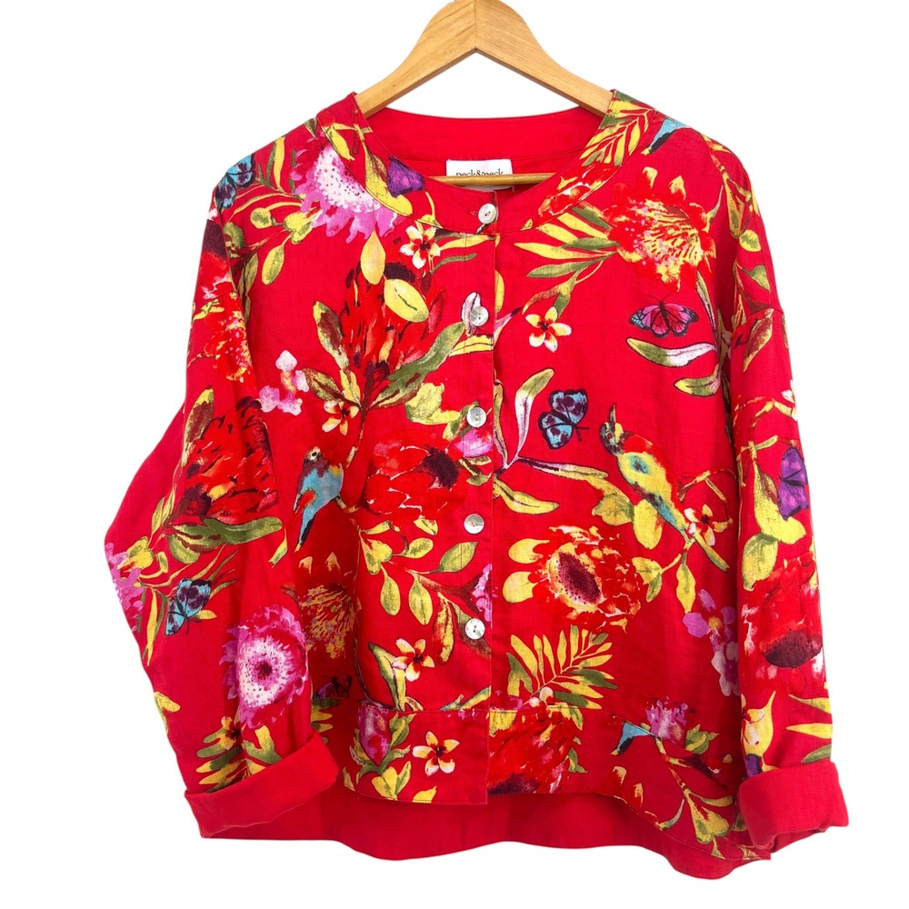 NWT Peck & Peck Reversible 100% Linen Jacket Red Floral Tropical Size L Boxy - Picture 1 of 11